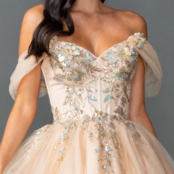 New Champagne Sequins Embellished Homecoming Tulle Gown w/ Lace Up Back DQ 3423 - Picture 4 of 8